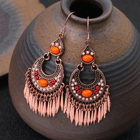 Copper Bohemian Beaded Dangle Boho Earrings - Picture 2 of 2